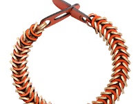 AW15-RGSH ORANGE  Gomeisa Leather Necklace orange patent leather necklace featuring gold and silver accented edges.